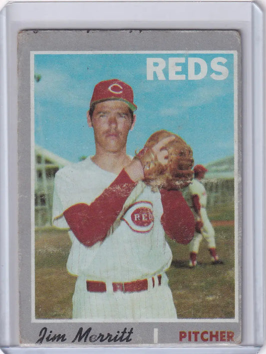 1970 Topps Baseball card of Jim Merritt, Cincinnati Reds pitcher in uniform with glove