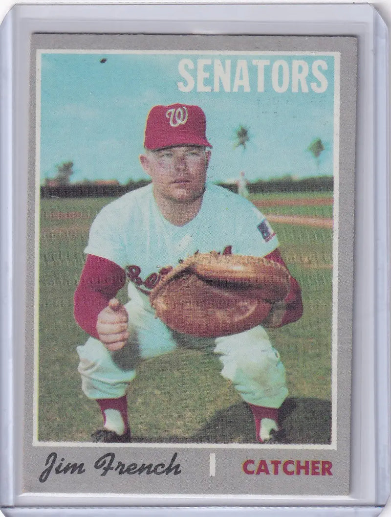 Vintage 1970 Topps Baseball card of Jim French, Washington Senators catcher in action