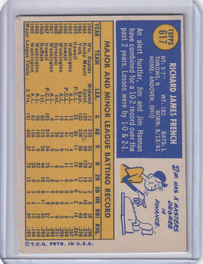 Back of 1970 Topps Baseball #617 Jim French card with player stats for Washington Senators