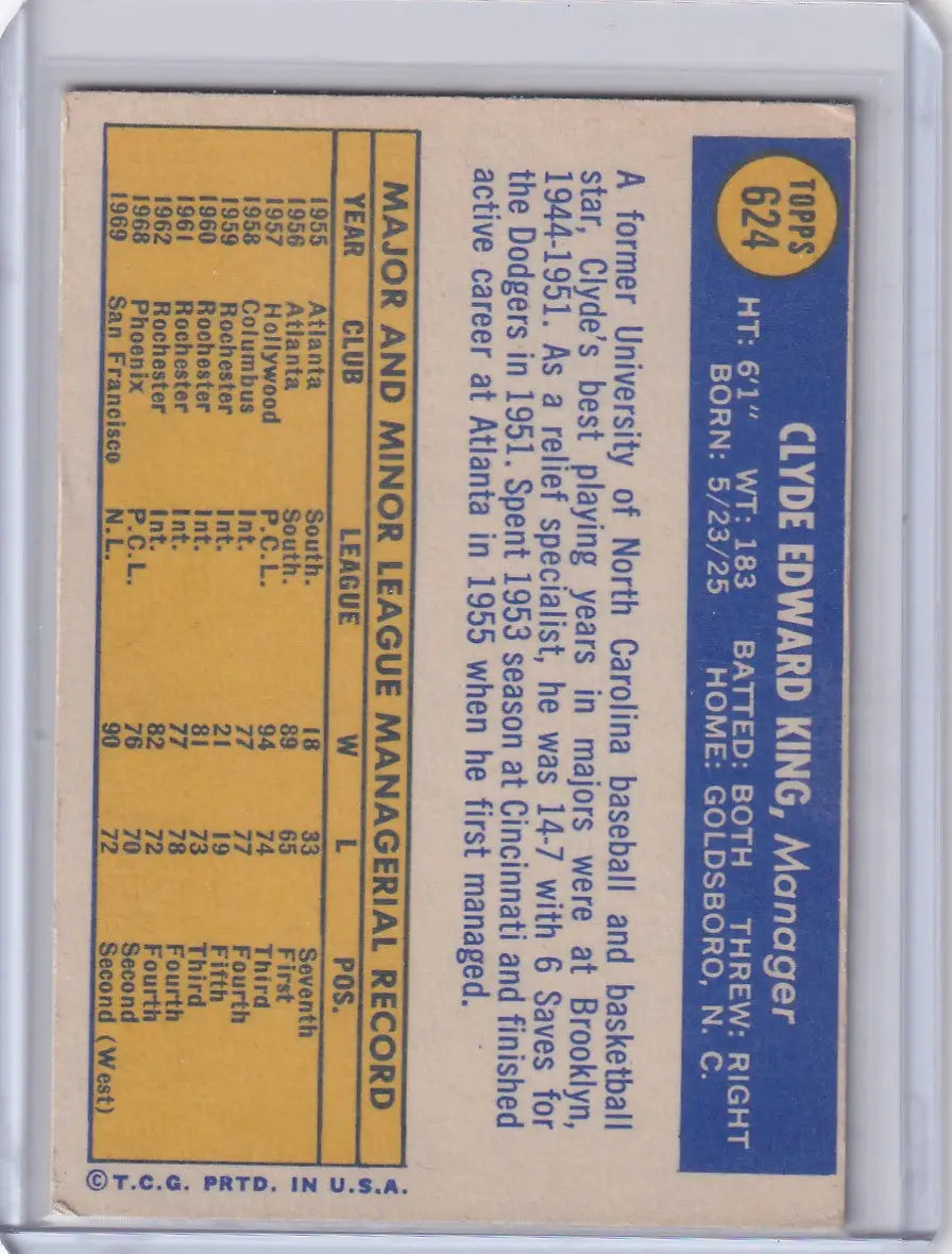 1970 Topps Baseball #624 Clyde King - San Francisco Giants