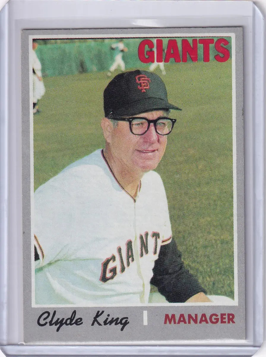 Vintage San Francisco Giants Clyde King Topps Baseball card featuring manager in white uniform