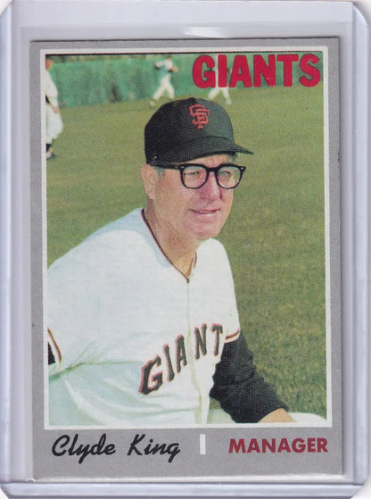 Vintage San Francisco Giants Clyde King Topps Baseball card featuring manager in white uniform