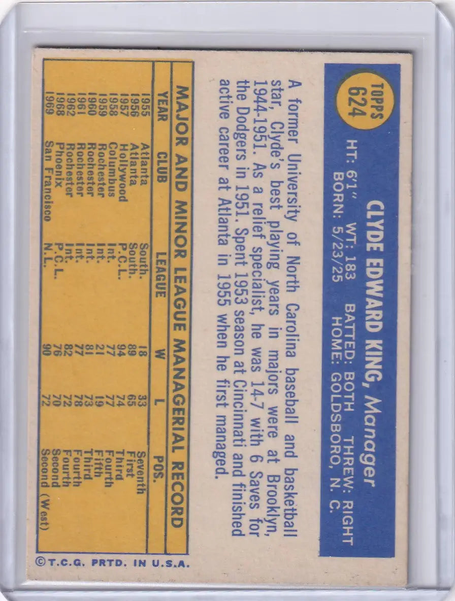 Back of 1970 Topps Baseball #624 Clyde King showing San Francisco Giants stats and bio