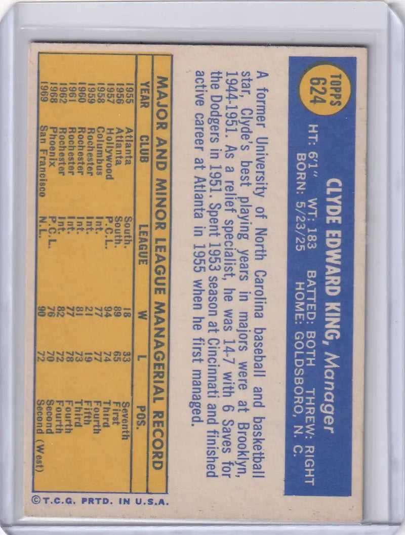 Back of 1970 Topps Baseball #624 Clyde King showing San Francisco Giants stats and bio