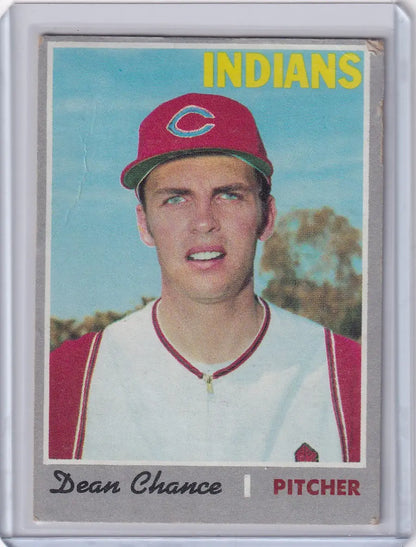 Topps Baseball card of Dean Chance, Cleveland Indians pitcher in red cap