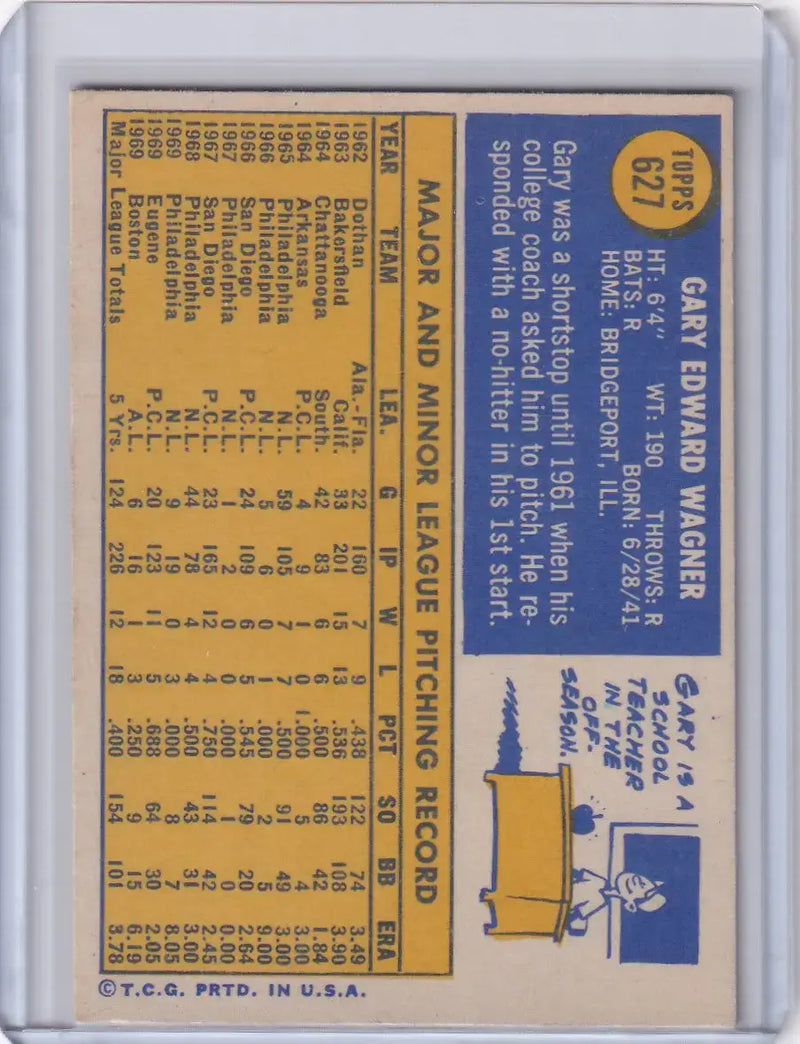 1970 Topps Baseball #627 Gary Wagner - Boston Red Sox