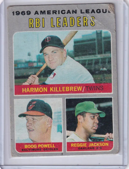 1970 Topps Baseball card featuring 1969 AL RBI Leaders - Killebrew, Powell, Jackson portraits