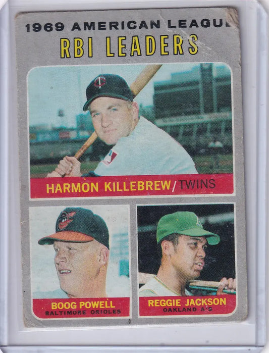 1970 Topps Baseball card featuring 1969 AL RBI Leaders - Killebrew, Powell, Jackson portraits