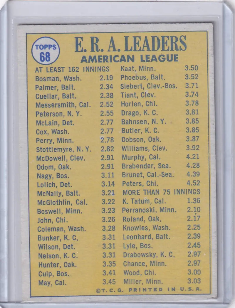 1970 Topps Baseball #68 AL 1969 ERA Leaders -Bosman / Palmer / Cuellar