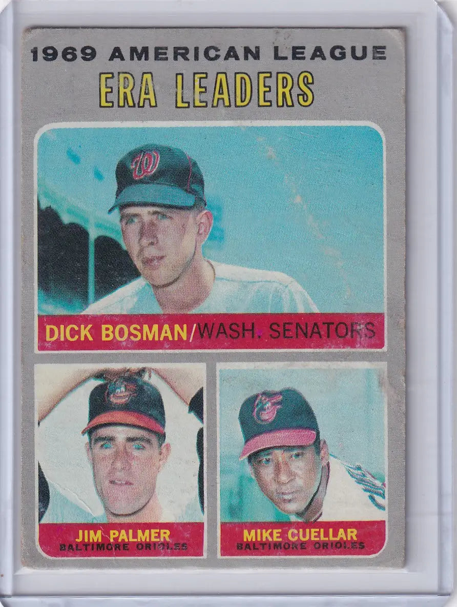 Baseball card showcasing 1969 AL ERA Leaders - Bosman, Palmer, Cuellar from Topps Baseball