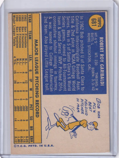 Vintage 1970 Topps Baseball #681 Bob Garibaldi San Francisco Giants rookie card