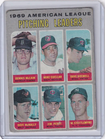 Topps Baseball card of 1969 American League pitching leaders - McLain, Cuellar, Boswell