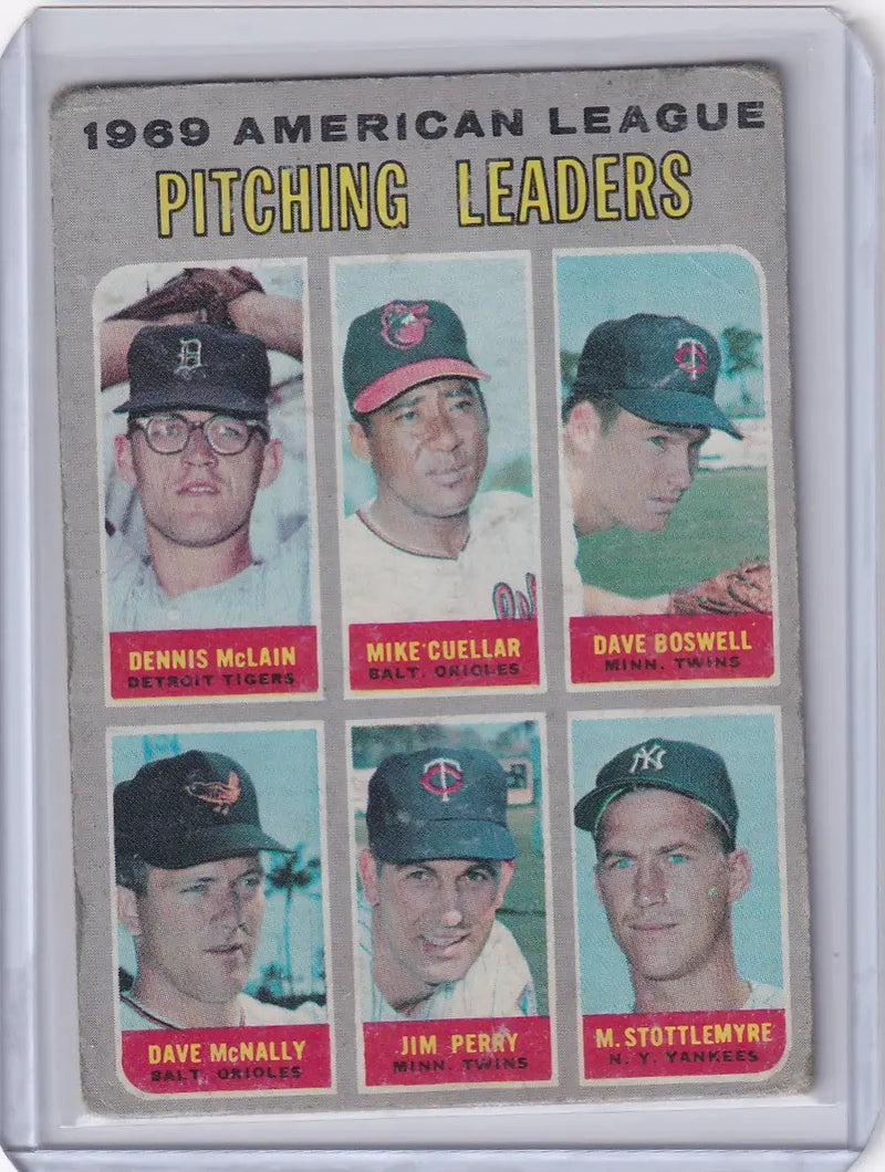 Topps Baseball card of 1969 American League pitching leaders - McLain, Cuellar, Boswell