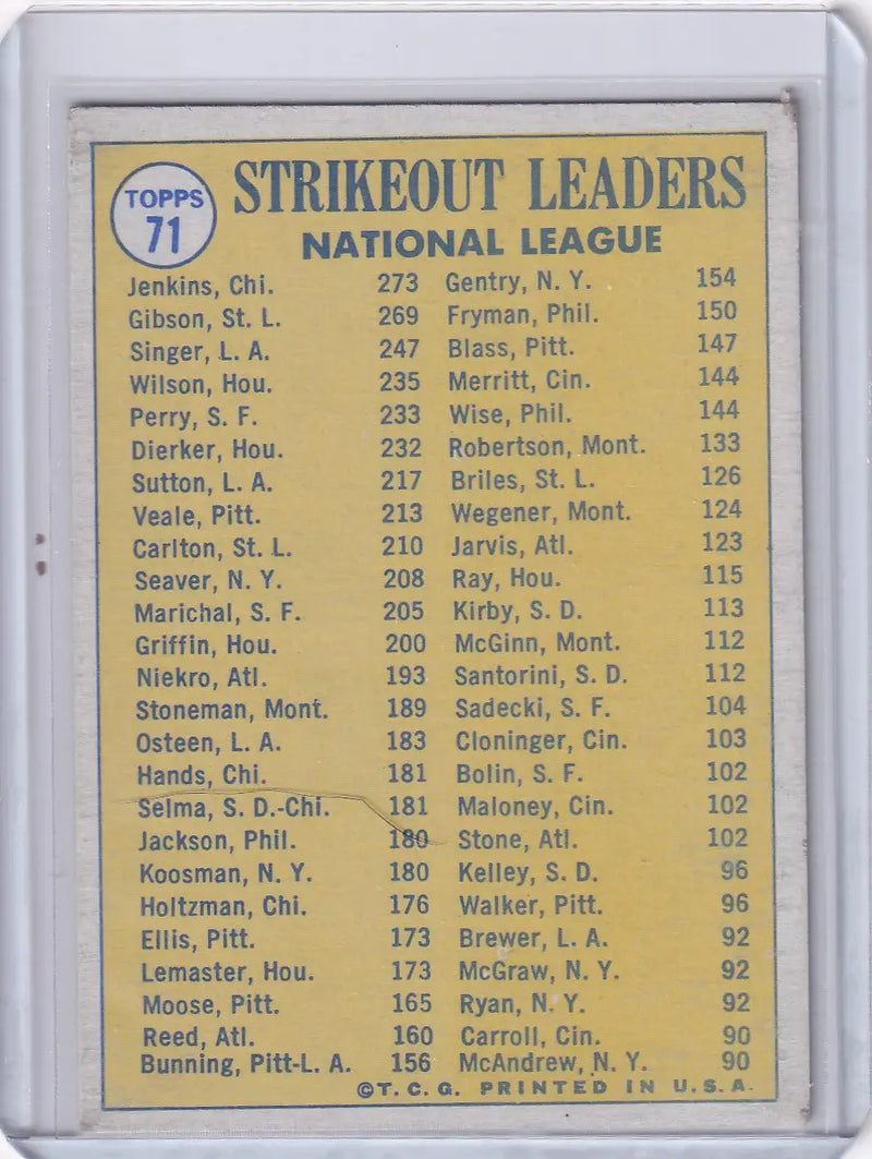 1970 Topps Baseball #71 NL 1969 Strikeout Leaders - Jenkins / Gibson / Singer