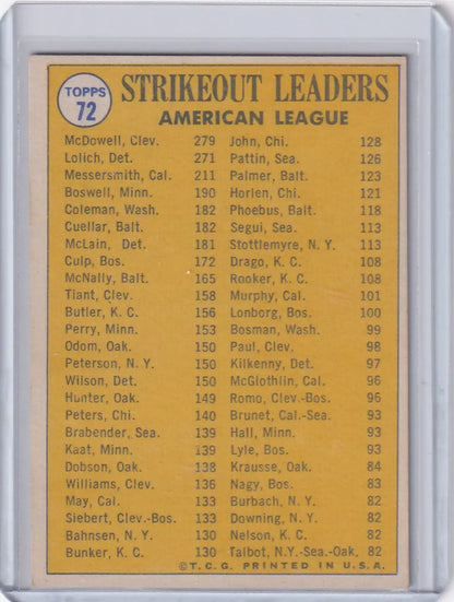 Vintage Topps Baseball card featuring McDowell, Lolich, and Messersmith as strikeout leaders
