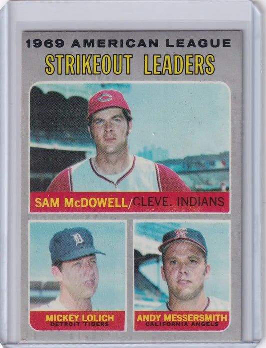 1969 American League Strikeout Leaders card featuring McDowell Lolich Messersmith Topps Baseball
