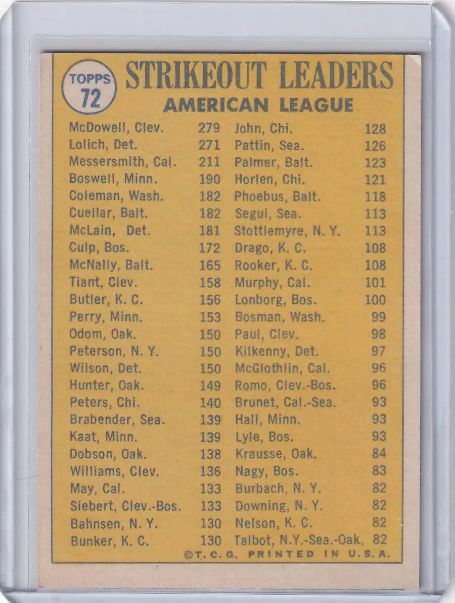1970 Topps Baseball #72 AL 1969 Strikeout Leaders - McDowell/Lolich/Messersmith