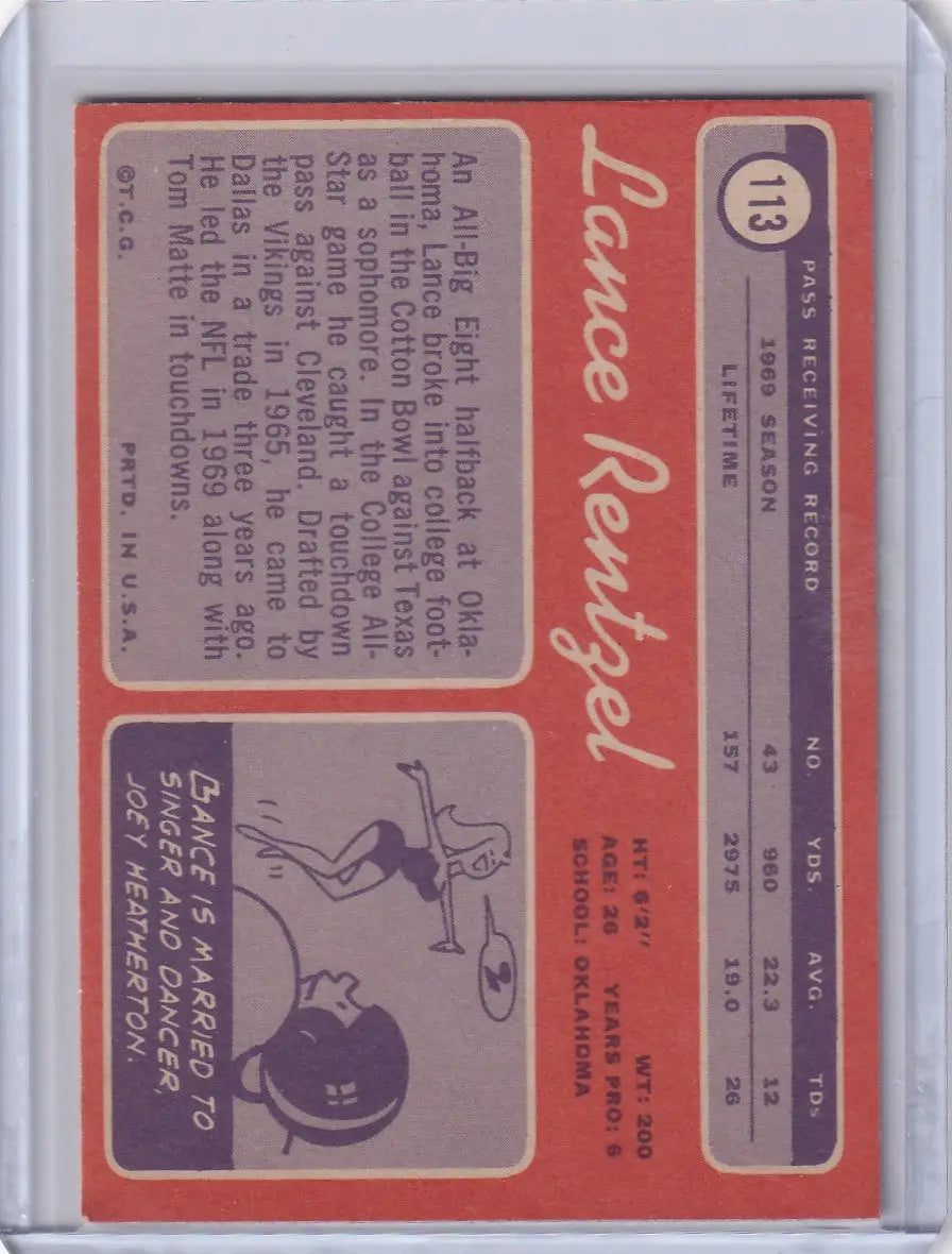 1970 Topps Football #113a Lance Rentzel Name Red - Dallas Cowboys