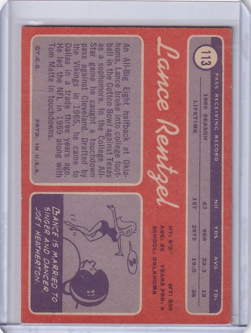 1970 Topps Football #113a Lance Rentzel Name Red - Dallas Cowboys