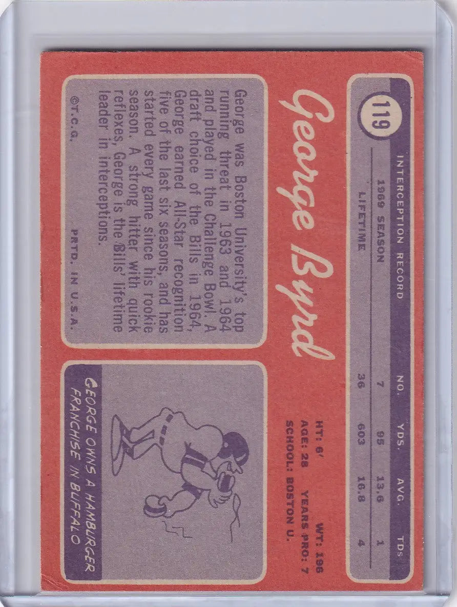 1970 Topps Football #119 George Byrd - Buffalo Bills - Football Card Single