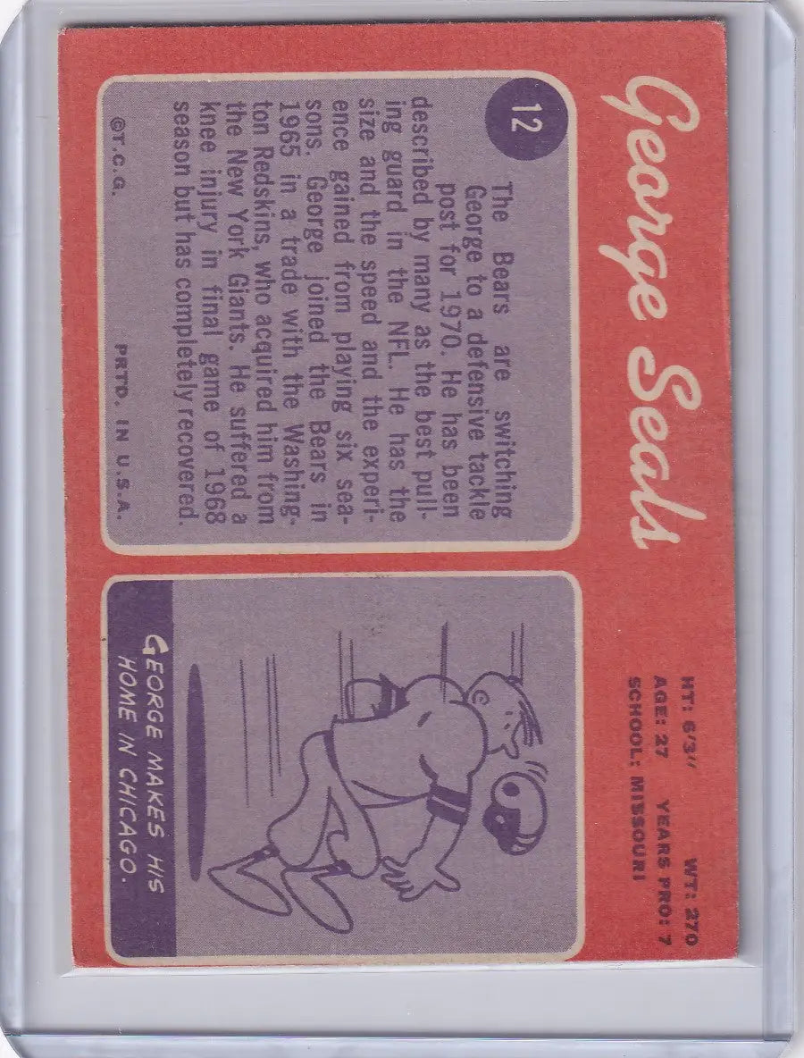 Topps Football trading card of George Seals, Chicago Bears player statistics and illustration
