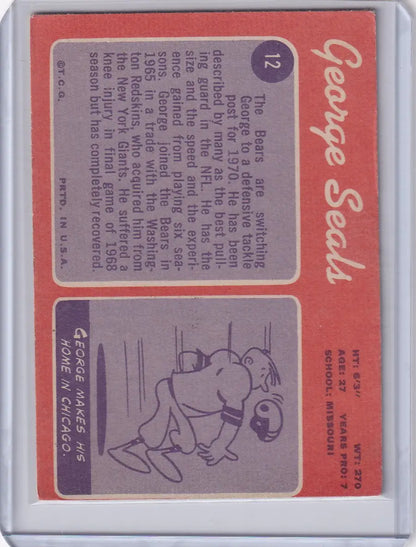 Topps Football trading card of George Seals, Chicago Bears player statistics and illustration