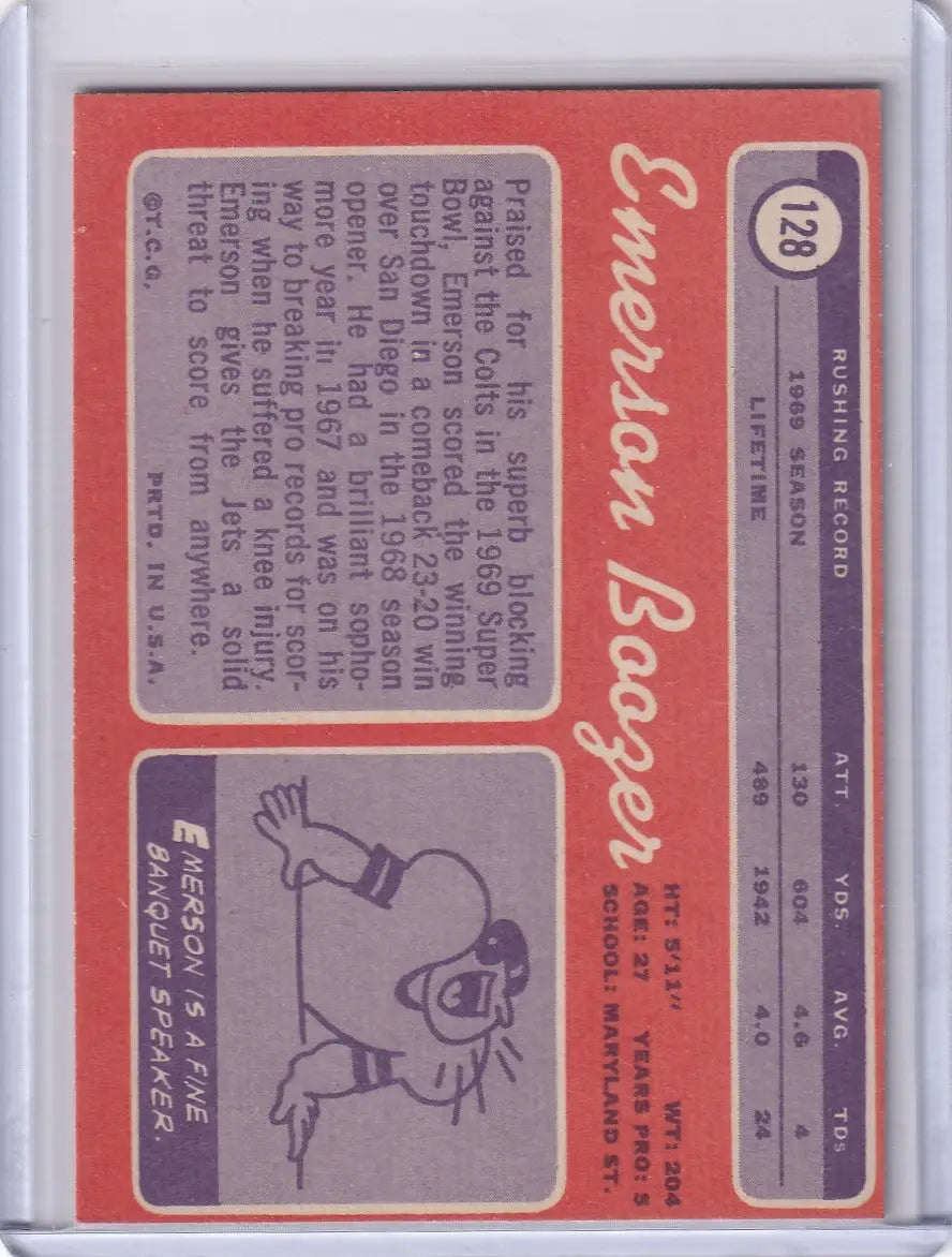 Vintage Emerson Boozer football card from 1970 Topps Football featuring New York Jets