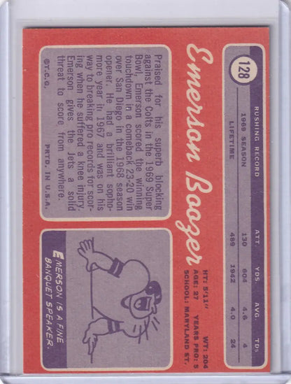 Vintage Emerson Boozer football card from 1970 Topps Football featuring New York Jets
