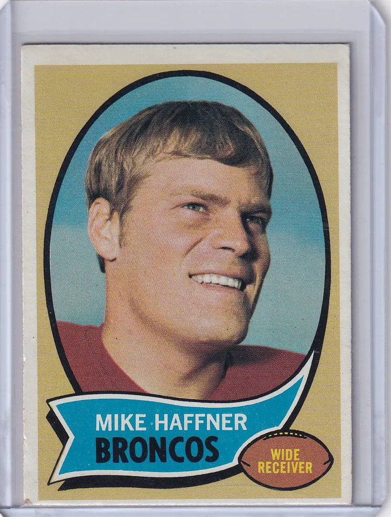 Vintage Topps Football card of Mike Haffner, smiling Denver Broncos player