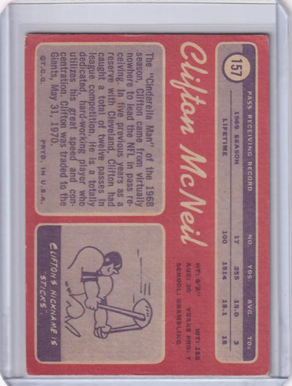 Vintage Topps Football card of Clifton McNeil with illustration for New York Giants