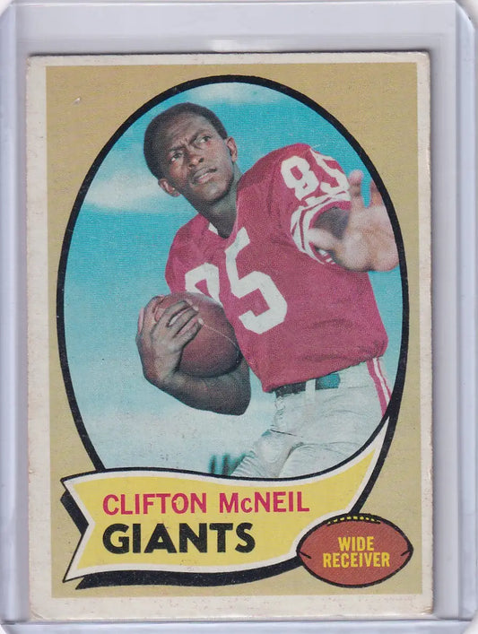 Vintage Topps Football trading card of Clifton McNeil, New York Giants player in red jersey