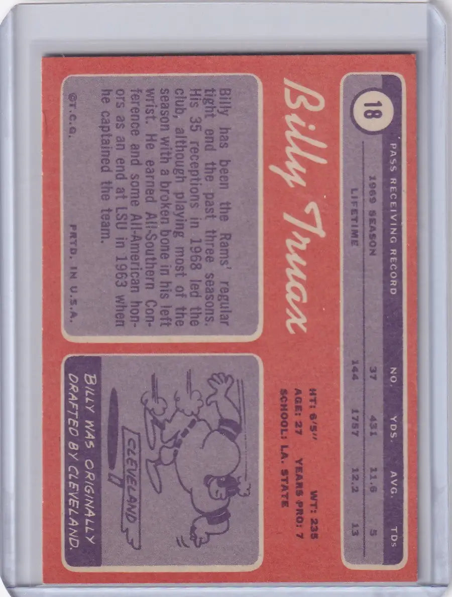 Baseball trading card of Billy Truax, showcasing Topps Football stats for St Louis Rams