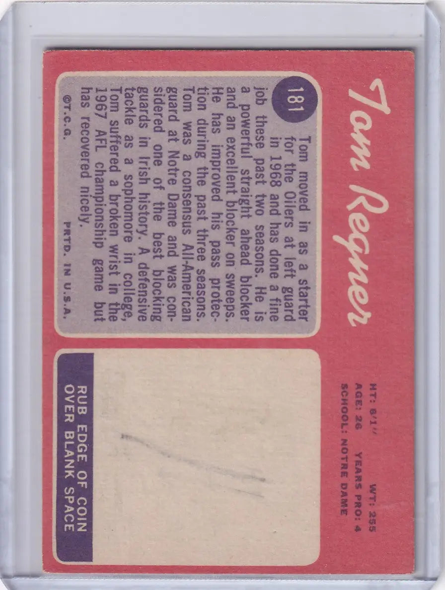 Baseball card missing player’s photo on pink background for Topps Football Tom Regner