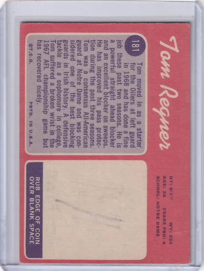 Baseball card missing player’s photo on pink background for Topps Football Tom Regner