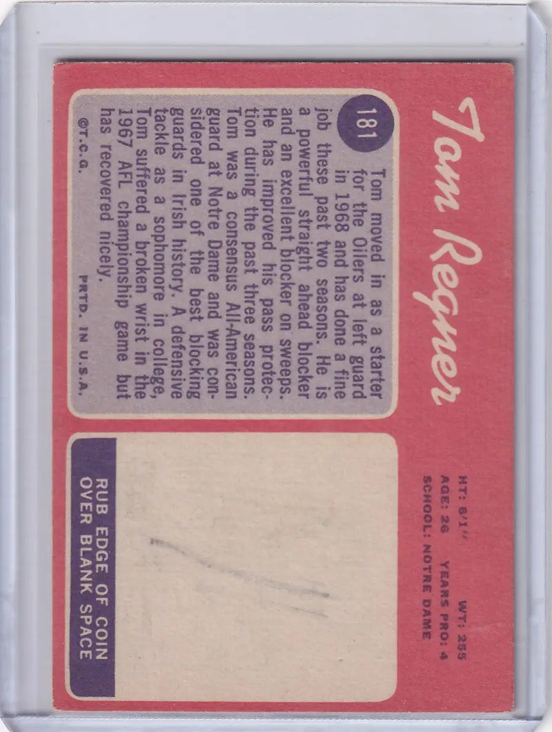 Baseball card missing player’s photo on pink background for Topps Football Tom Regner