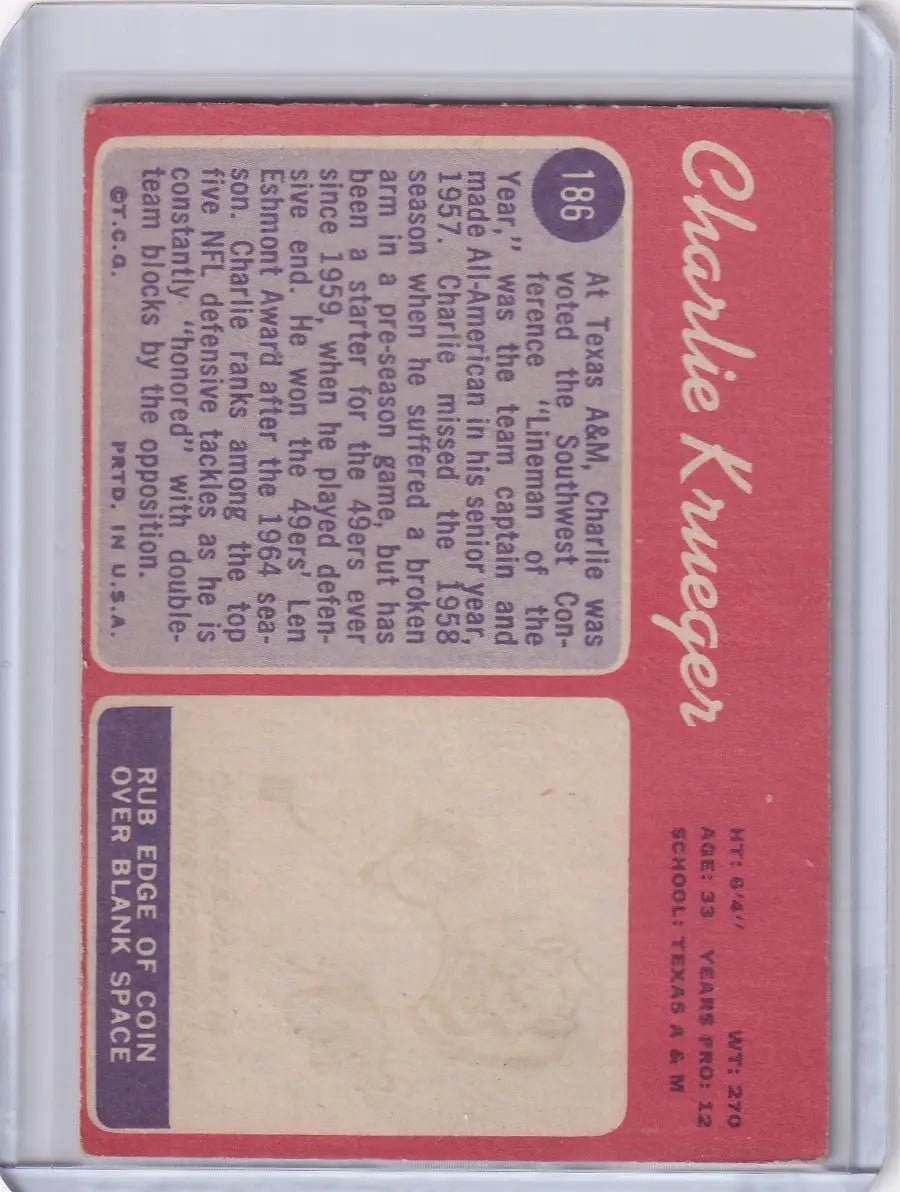 Baseball card displaying statistics and a photo space for Charlie Krueger, San Francisco 49ers