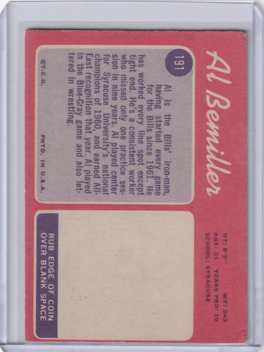 Topps Football trading card featuring Al Bemiller for Buffalo Bills on a red background