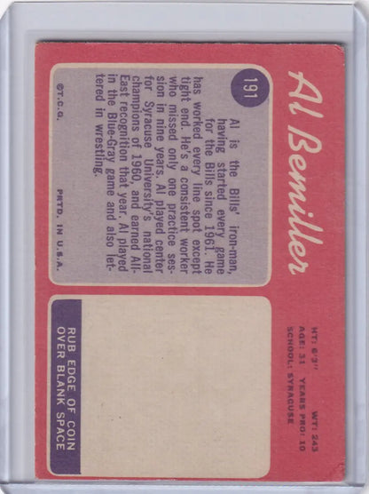 Topps Football trading card featuring Al Bemiller for Buffalo Bills on a red background