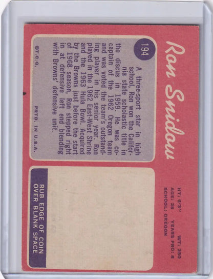 Topps Football card featuring Ron Snidow RC with a pink background and no player photo