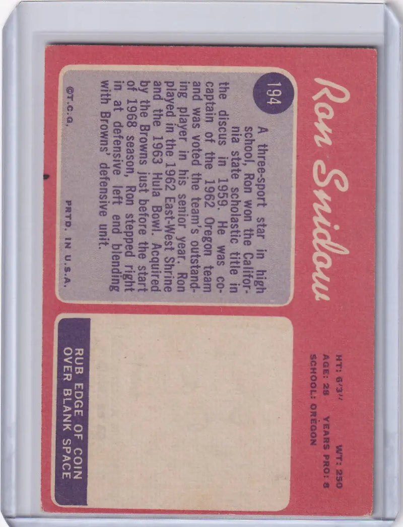 Topps Football card featuring Ron Snidow RC with a pink background and no player photo