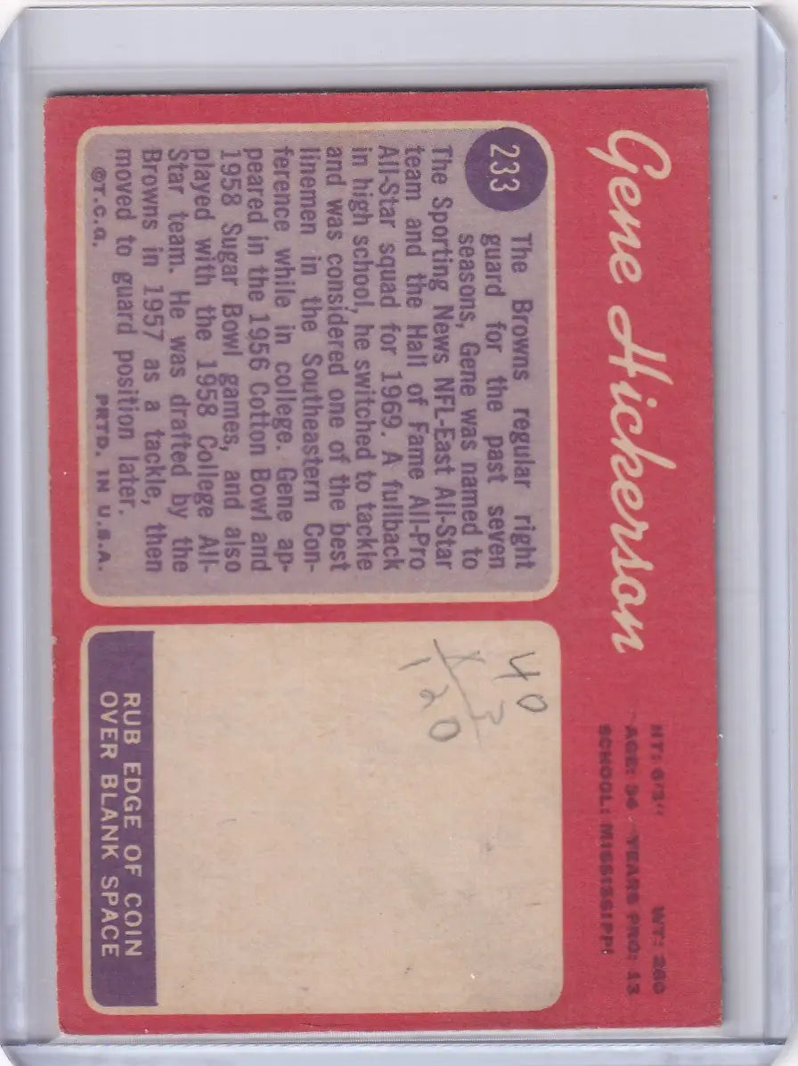 Baseball card with blank photo space for Gene Hickerson of the Cleveland Browns Topps Football