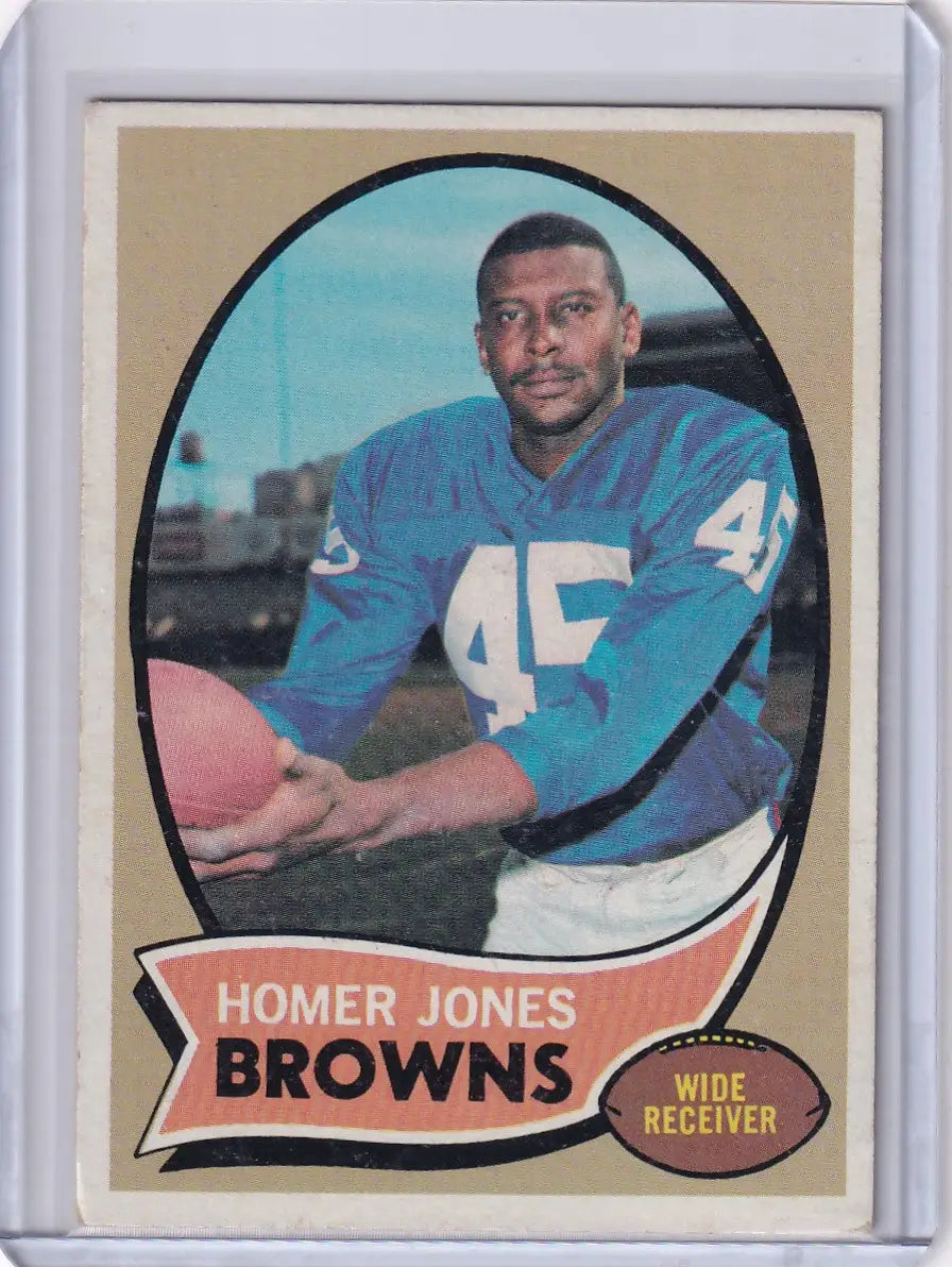 Vintage Topps Football card of Homer Jones in blue jersey for Cleveland Browns