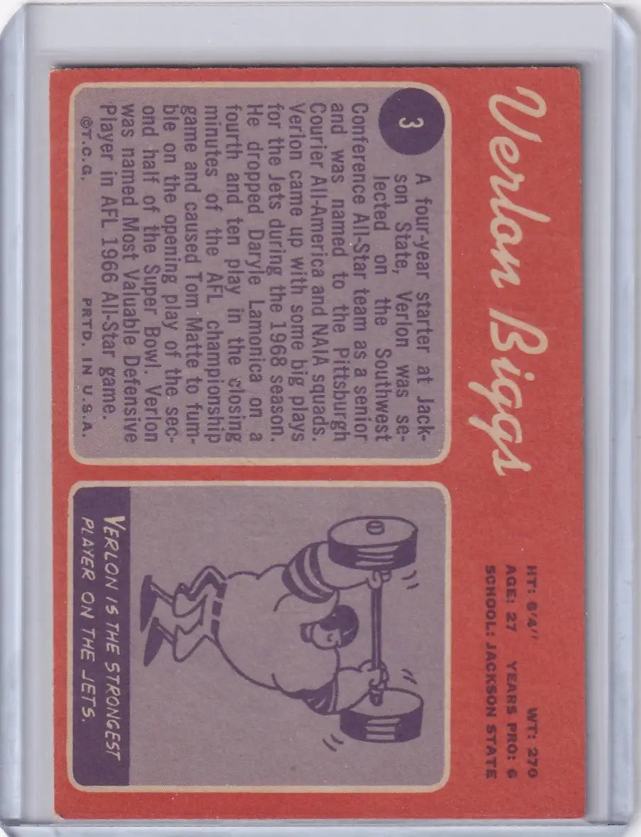 1970 Topps Football #3 Verlon Biggs - New York Jets