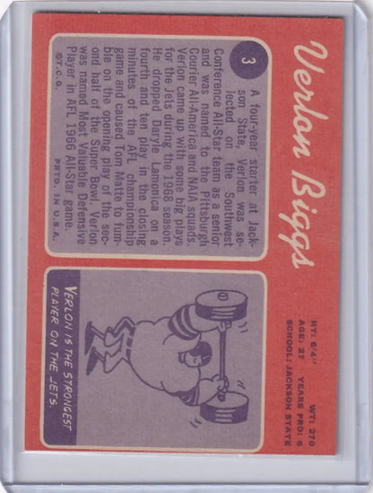 Trading card of Verlon Biggs with a weightlifter on a red background for Topps Football