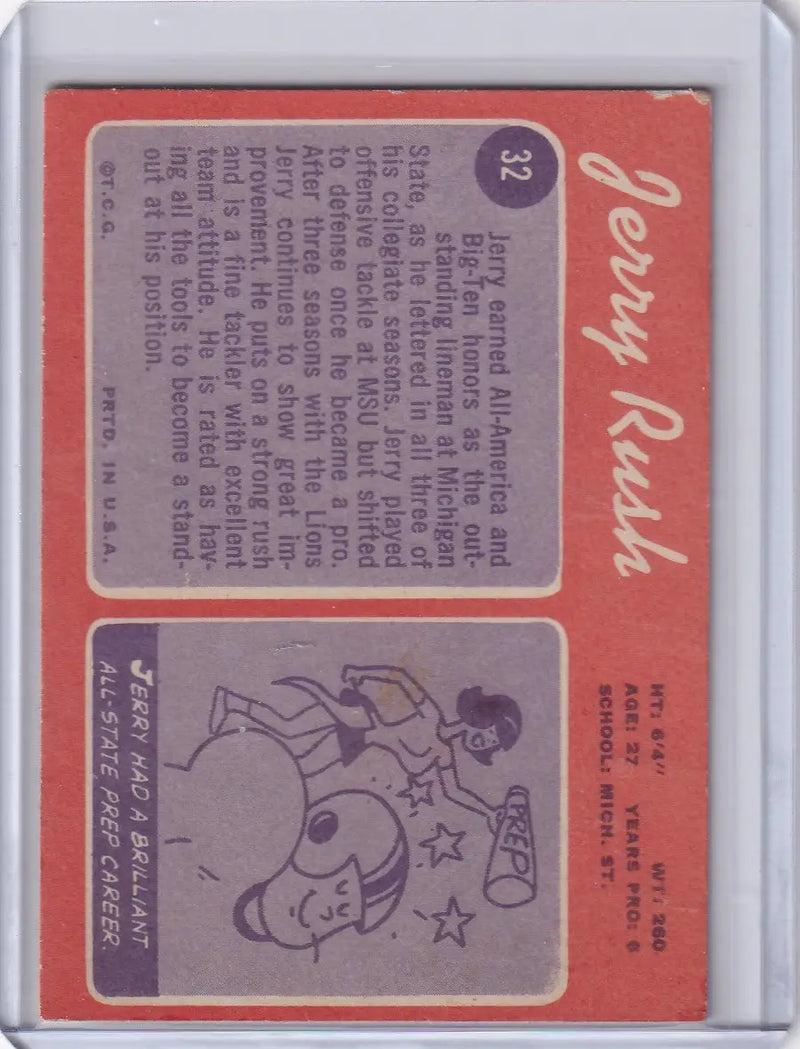 Baseball trading card of Jerry Rush with biography and illustration for Topps Football