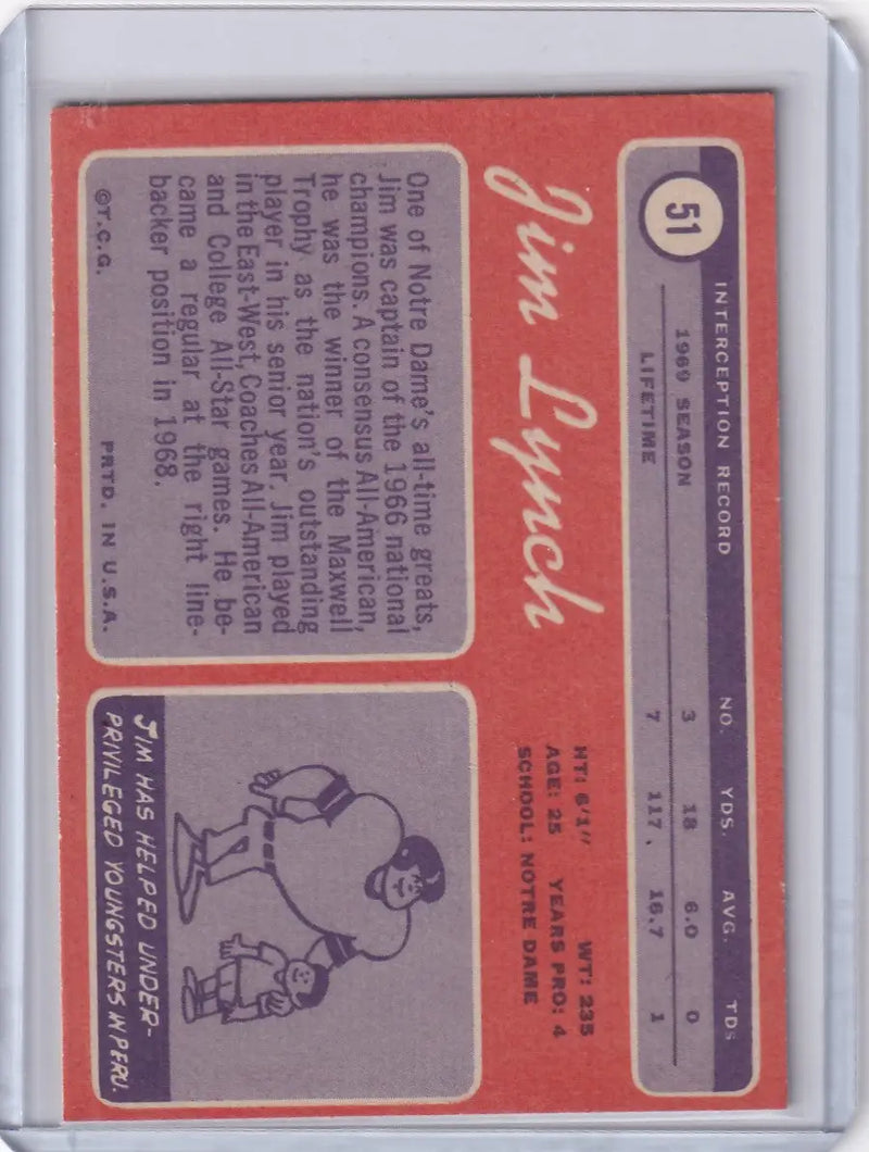 1970 Topps Football #51 Jim Lynch RC - Kansas City Chiefs - Football Card Single