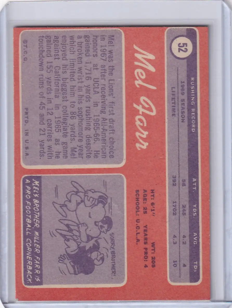 1970 Topps Football #52 Mel Farr RC - Detroit Lions
