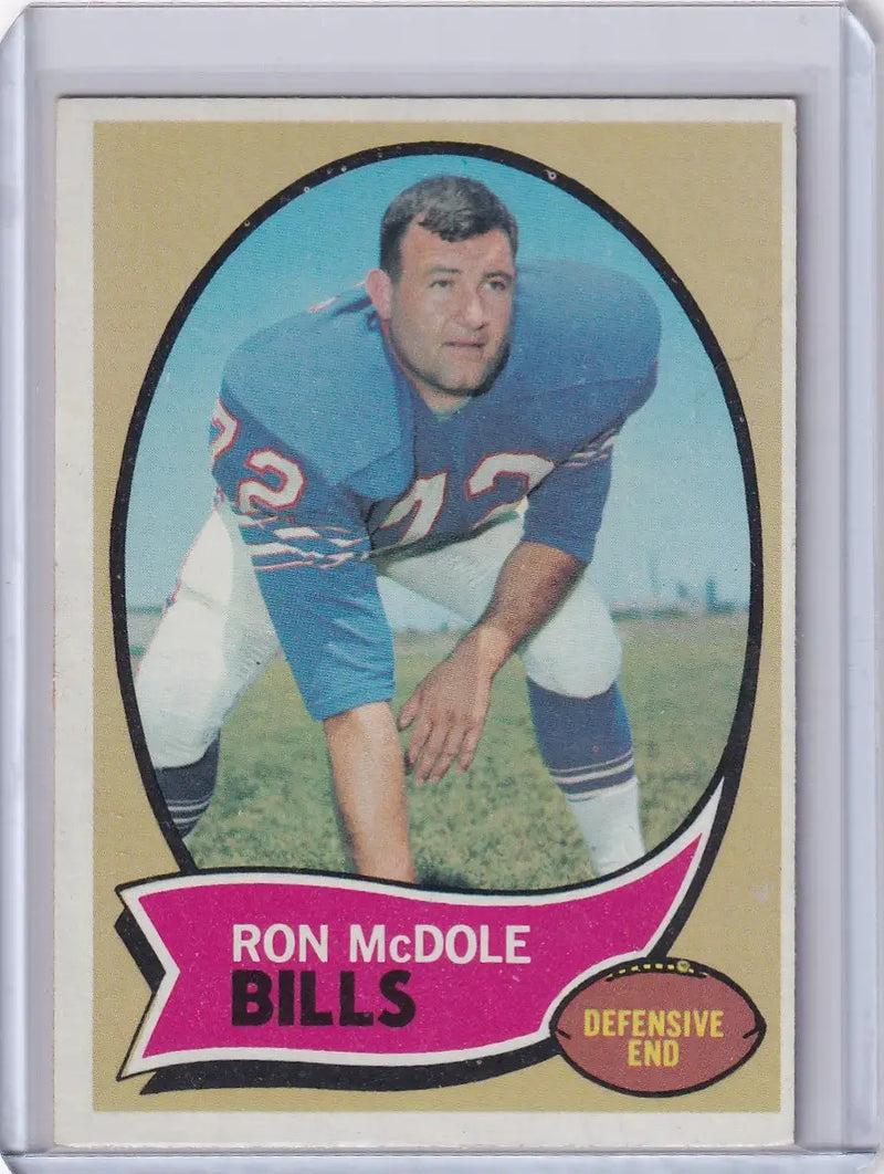 Vintage Topps Football card of Ron McDole in Buffalo Bills blue uniform