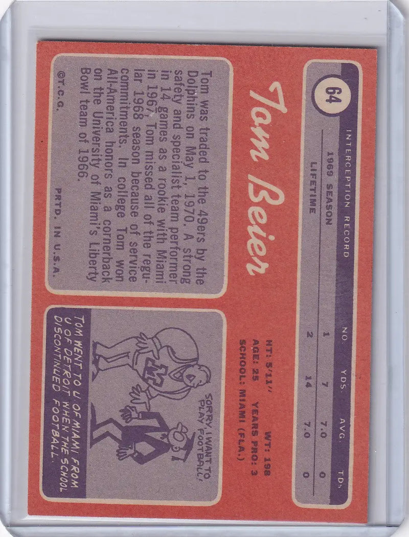 1970 Topps Football #64 Tom Beier RC - San Francisco 49ers