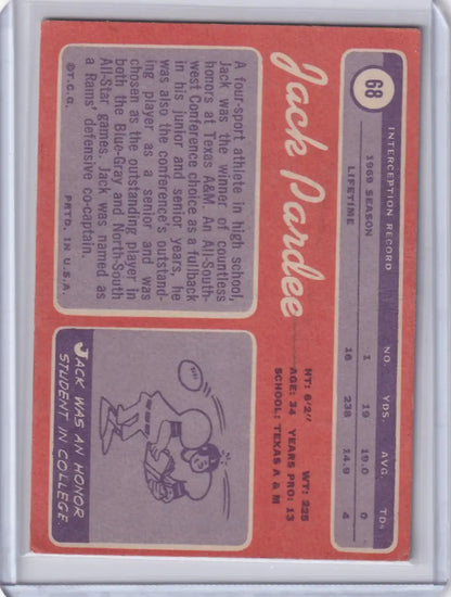 Baseball trading card of Jack Pardee featuring Topps Football stats and illustration